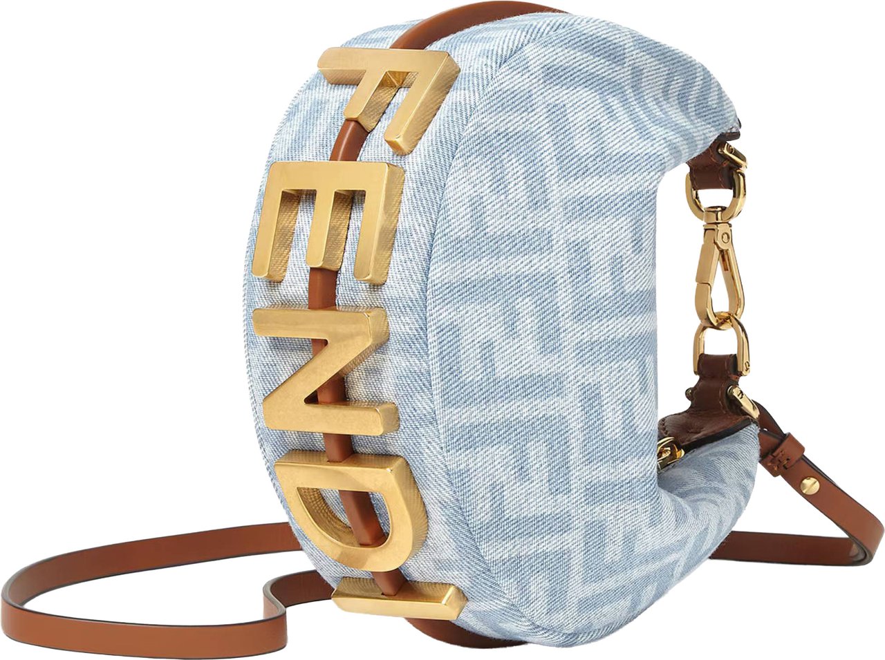 Fendi Crescent-Shaped Handbag with Light Blue Monogram and Gold Hardware Grijs