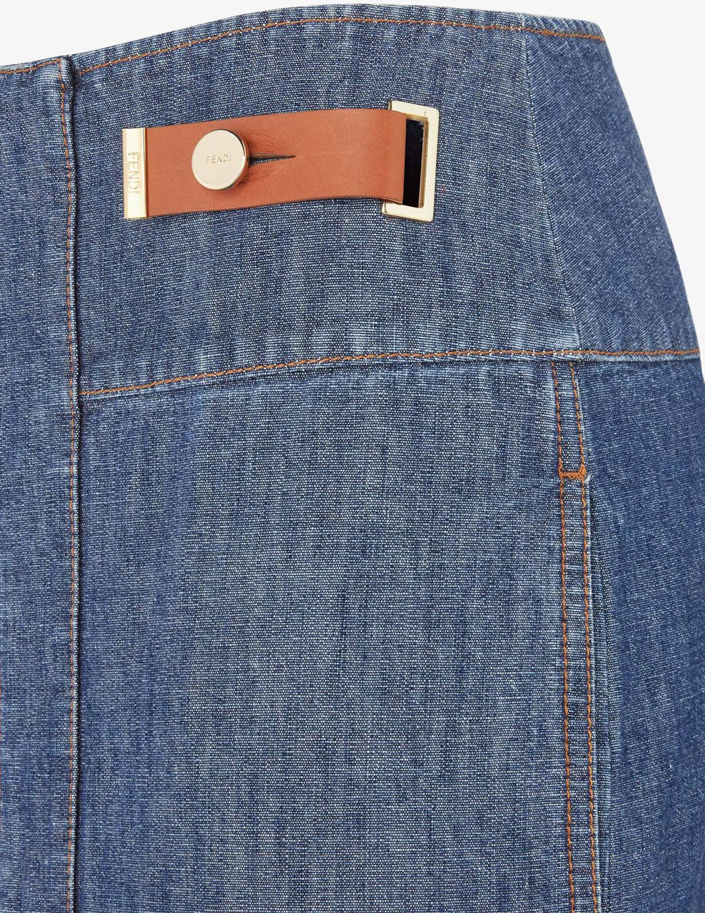Fendi Straight-Cut Chambray Skirt with Front Zipper and Leather Accents Blauw