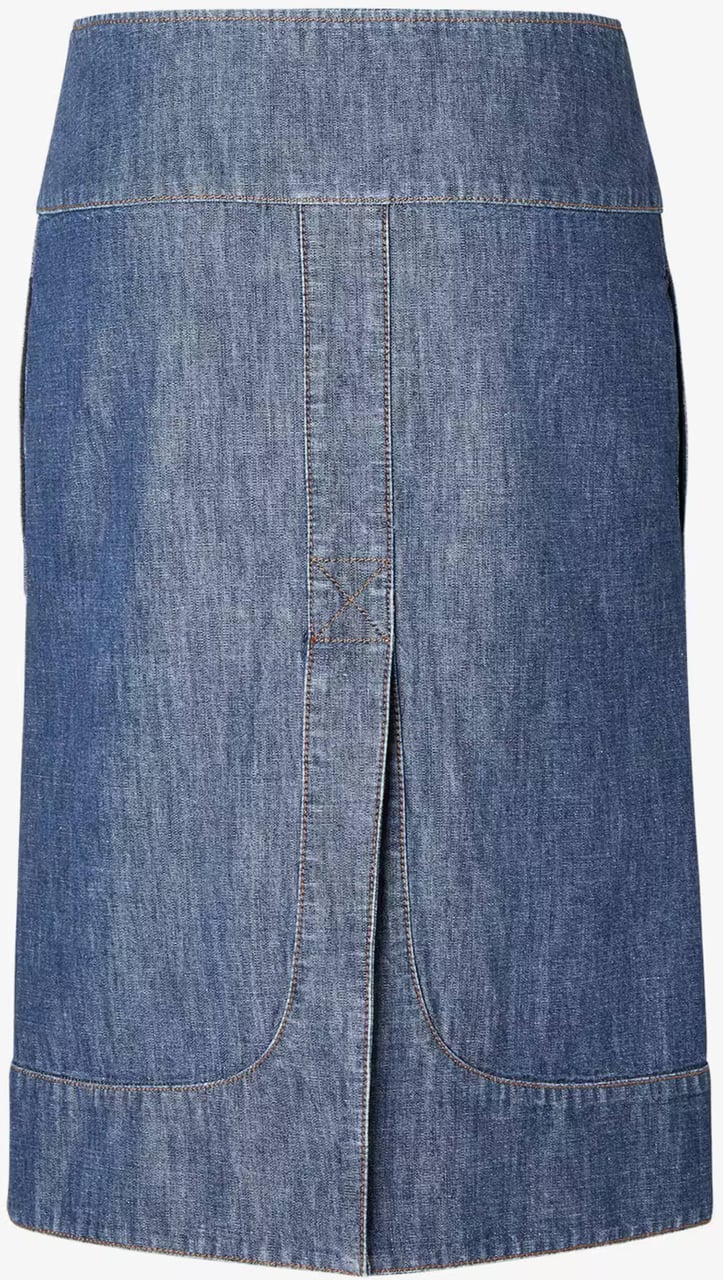 Fendi Straight-Cut Chambray Skirt with Front Zipper and Leather Accents Blauw