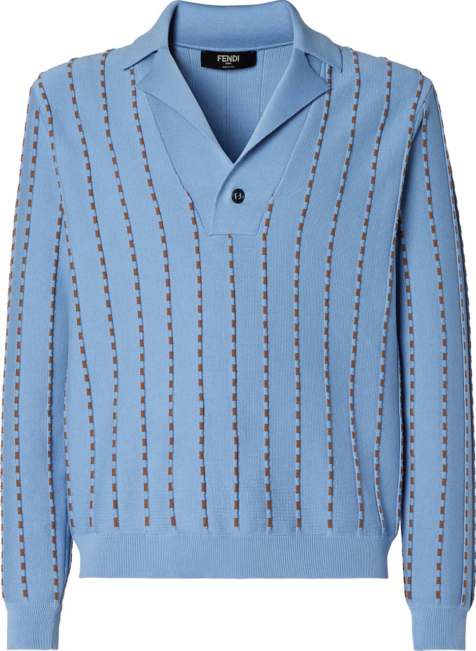 Fendi Light Blue Knit Polo Sweater with Vertical Stripes Blauw