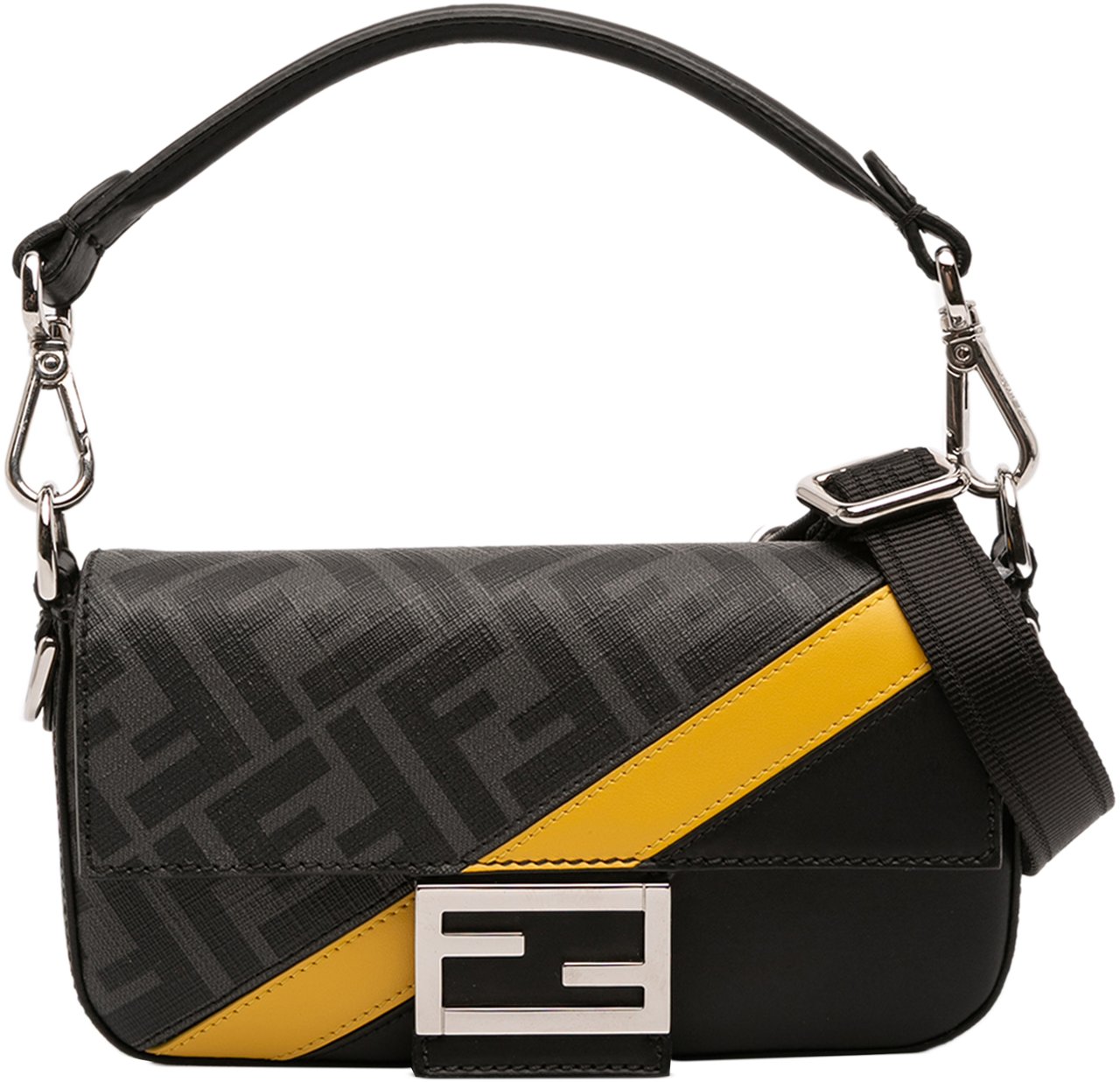 Fendi Zucca Coated Canvas FF 1974 Diagonal Convertible Baguette Satchel Zwart