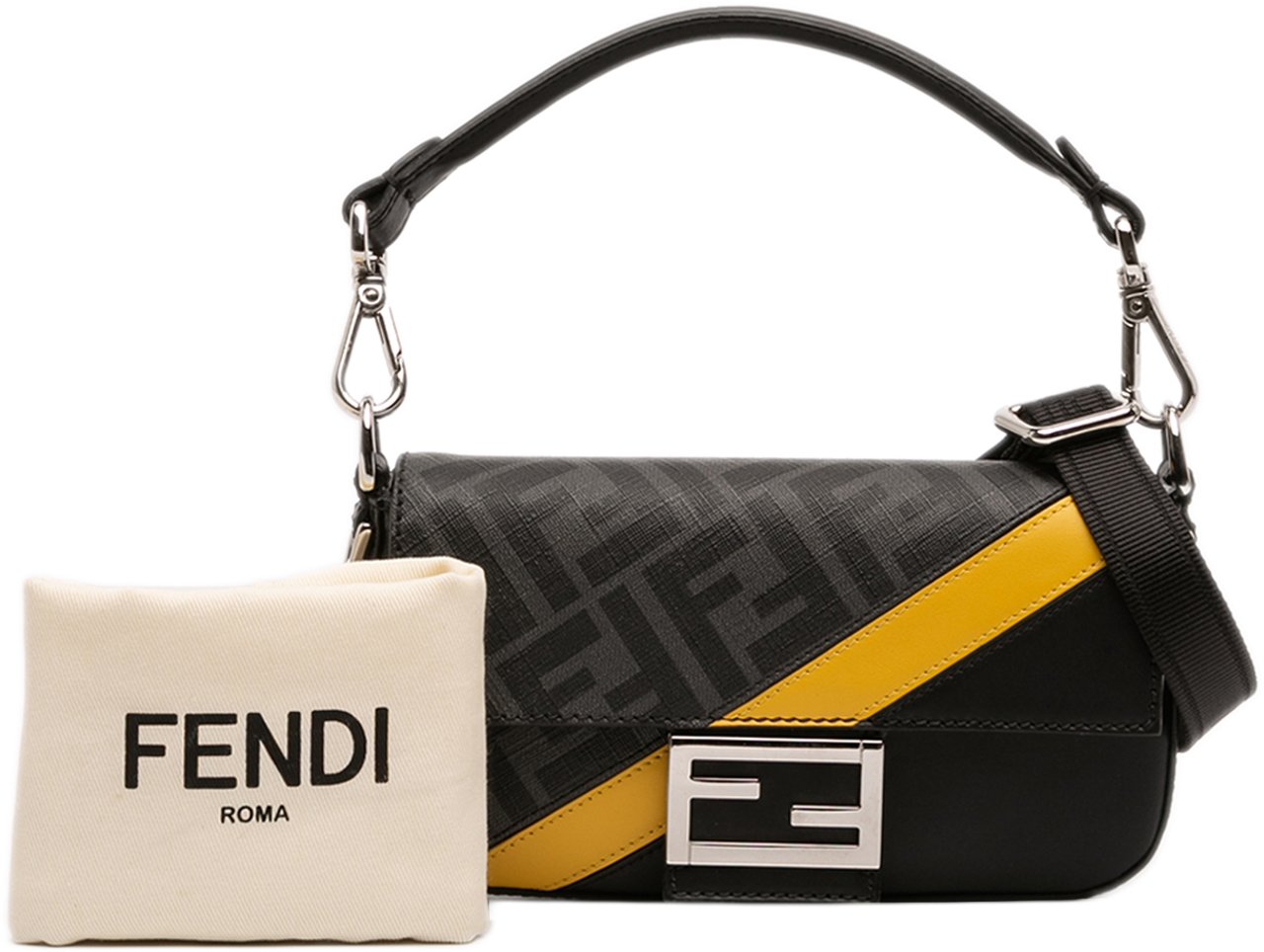 Fendi Zucca Coated Canvas FF 1974 Diagonal Convertible Baguette Satchel Zwart