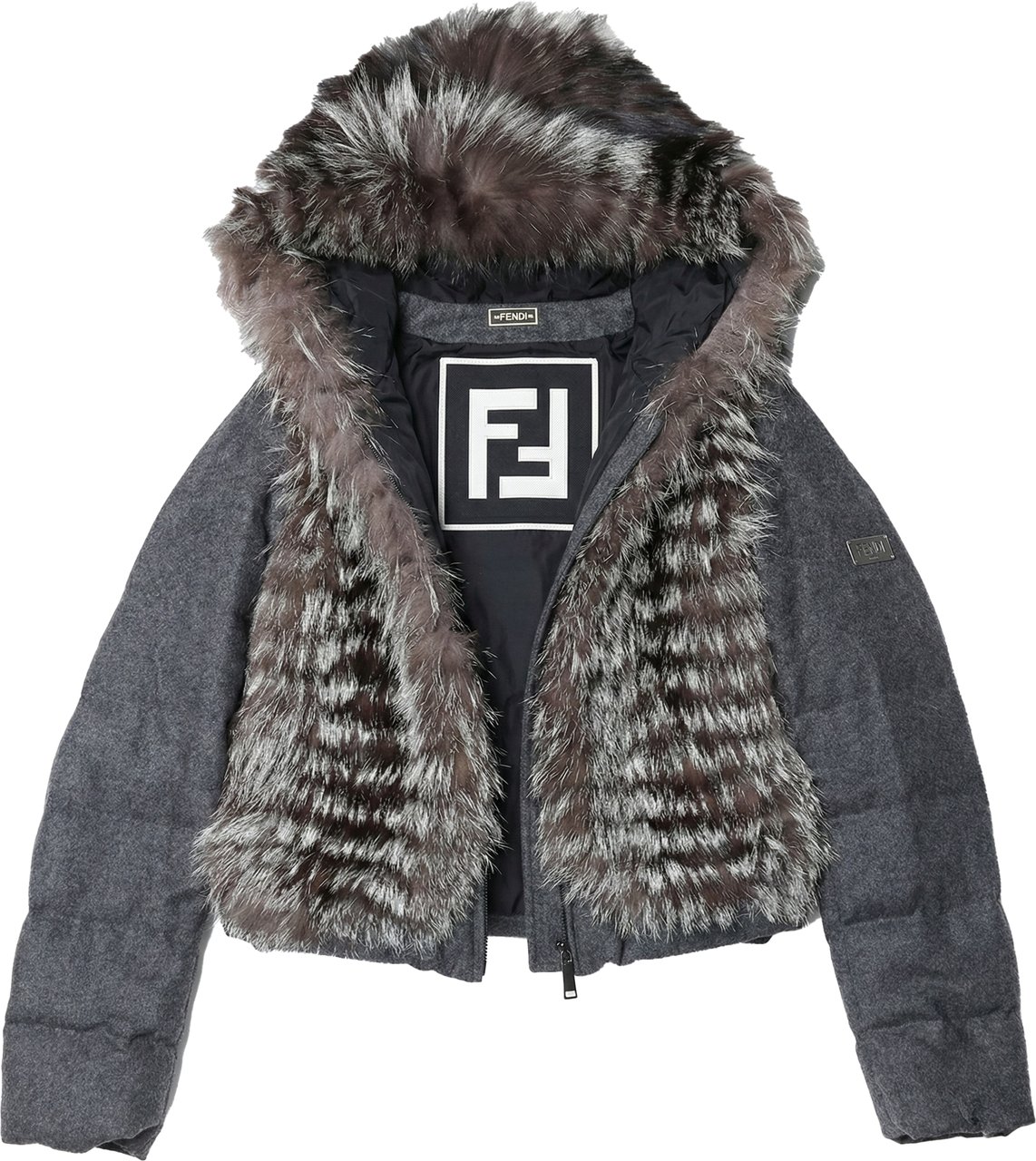 Fendi Fendi Wool-Blend Puffer Jacket with Fur Trim, Size 40 Grijs