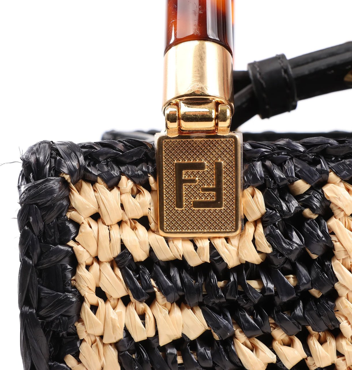 Fendi Fendi Mon Sunshine Shopper Zucchino Small Raffia x Leather 2Way Handbag in Black x Beige 8BS051 Divers