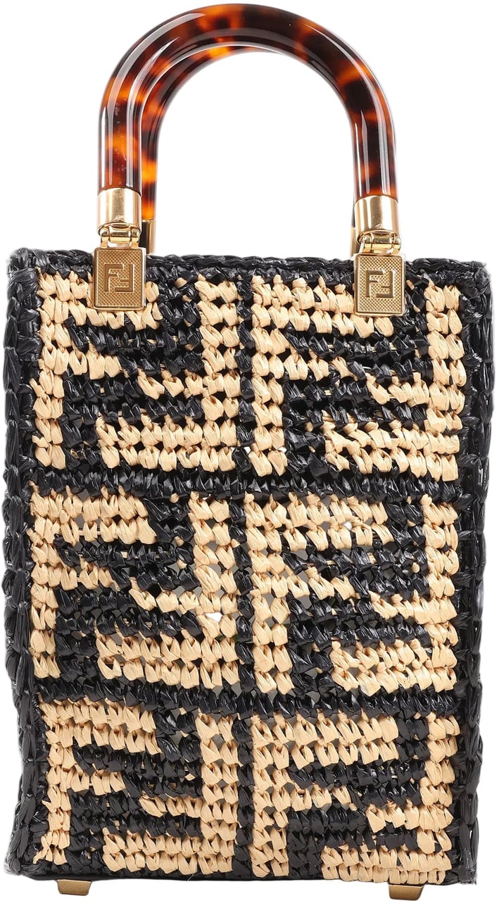 Fendi Fendi Mon Sunshine Shopper Zucchino Small Raffia x Leather 2Way Handbag in Black x Beige 8BS051 Divers