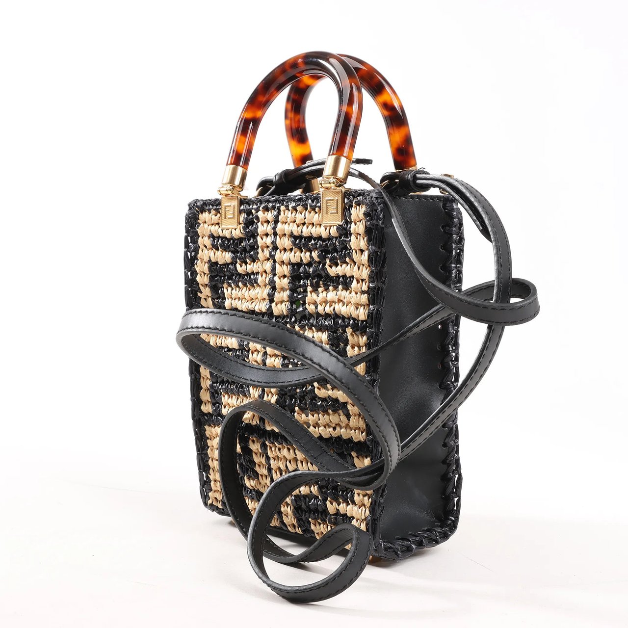 Fendi Fendi Mon Sunshine Shopper Zucchino Small Raffia x Leather 2Way Handbag in Black x Beige 8BS051 Divers