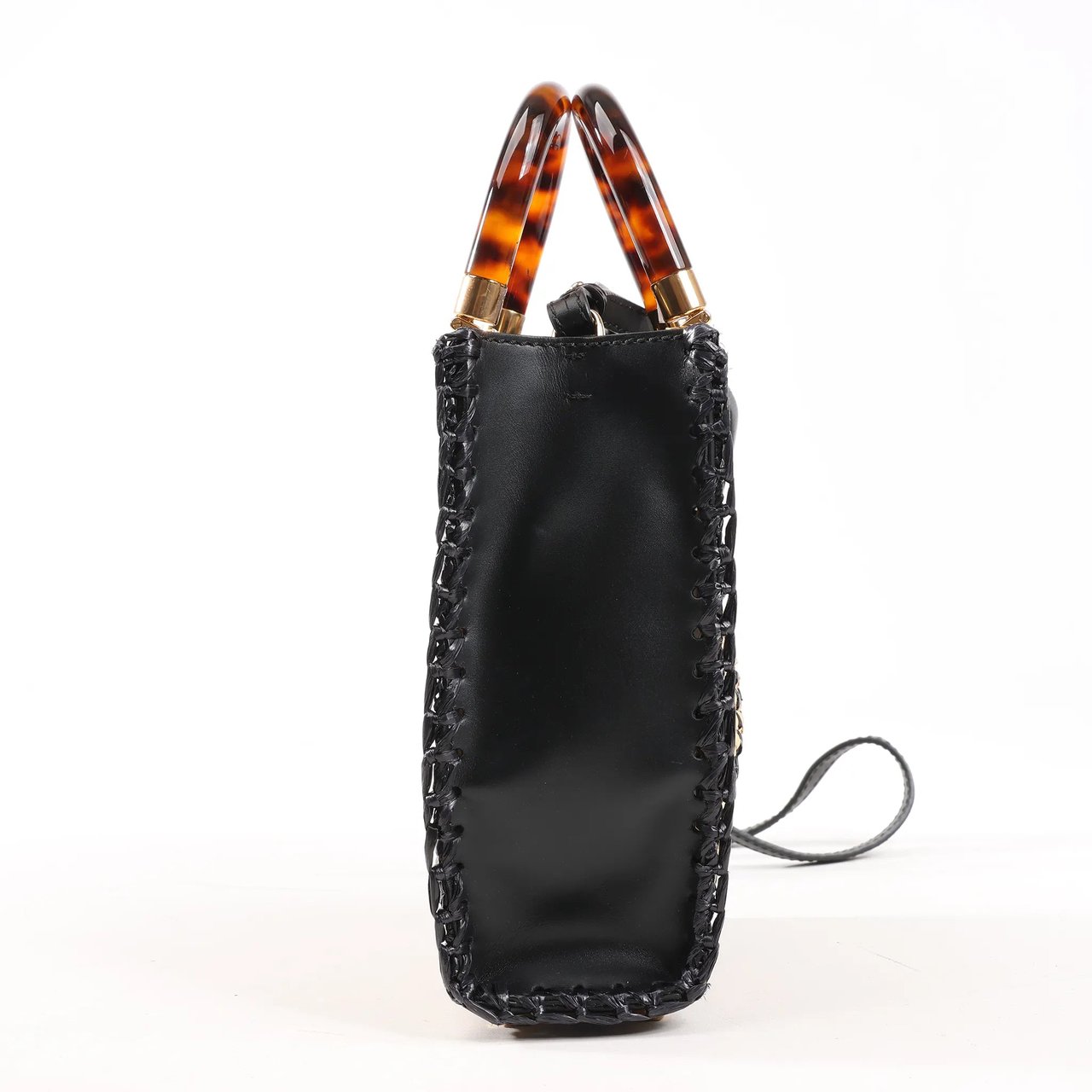 Fendi Fendi Mon Sunshine Shopper Zucchino Small Raffia x Leather 2Way Handbag in Black x Beige 8BS051 Divers