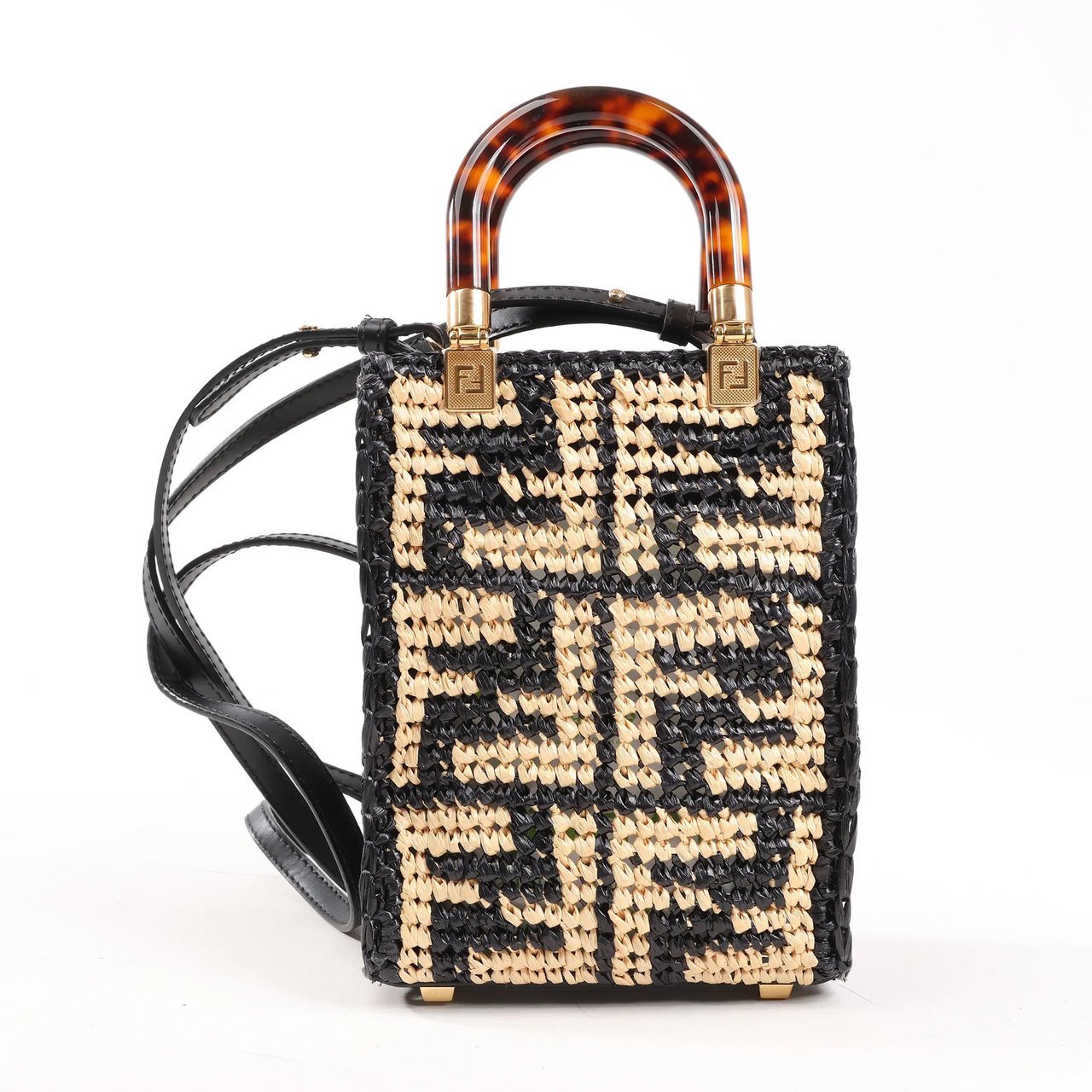 Fendi Fendi Mon Sunshine Shopper Zucchino Small Raffia x Leather 2Way Handbag in Black x Beige 8BS051 Divers