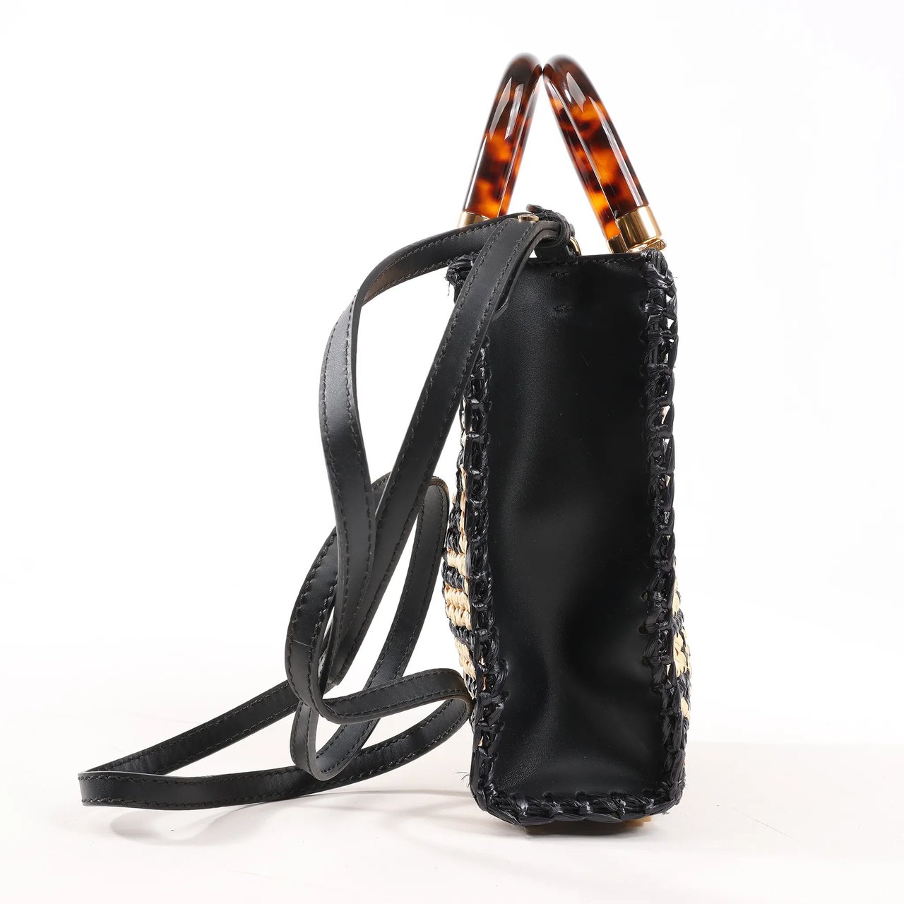 Fendi Fendi Mon Sunshine Shopper Zucchino Small Raffia x Leather 2Way Handbag in Black x Beige 8BS051 Divers