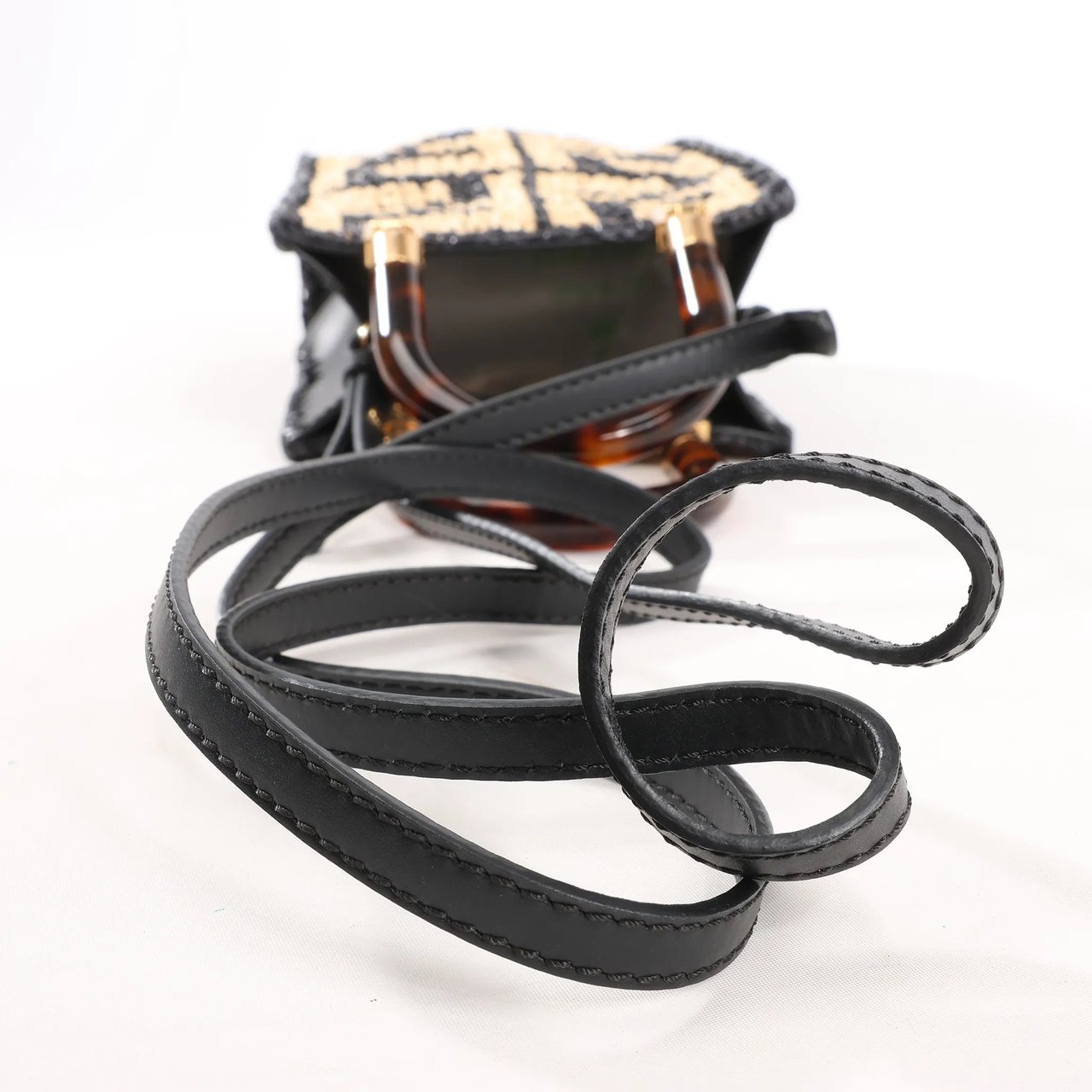 Fendi Fendi Mon Sunshine Shopper Zucchino Small Raffia x Leather 2Way Handbag in Black x Beige 8BS051 Divers