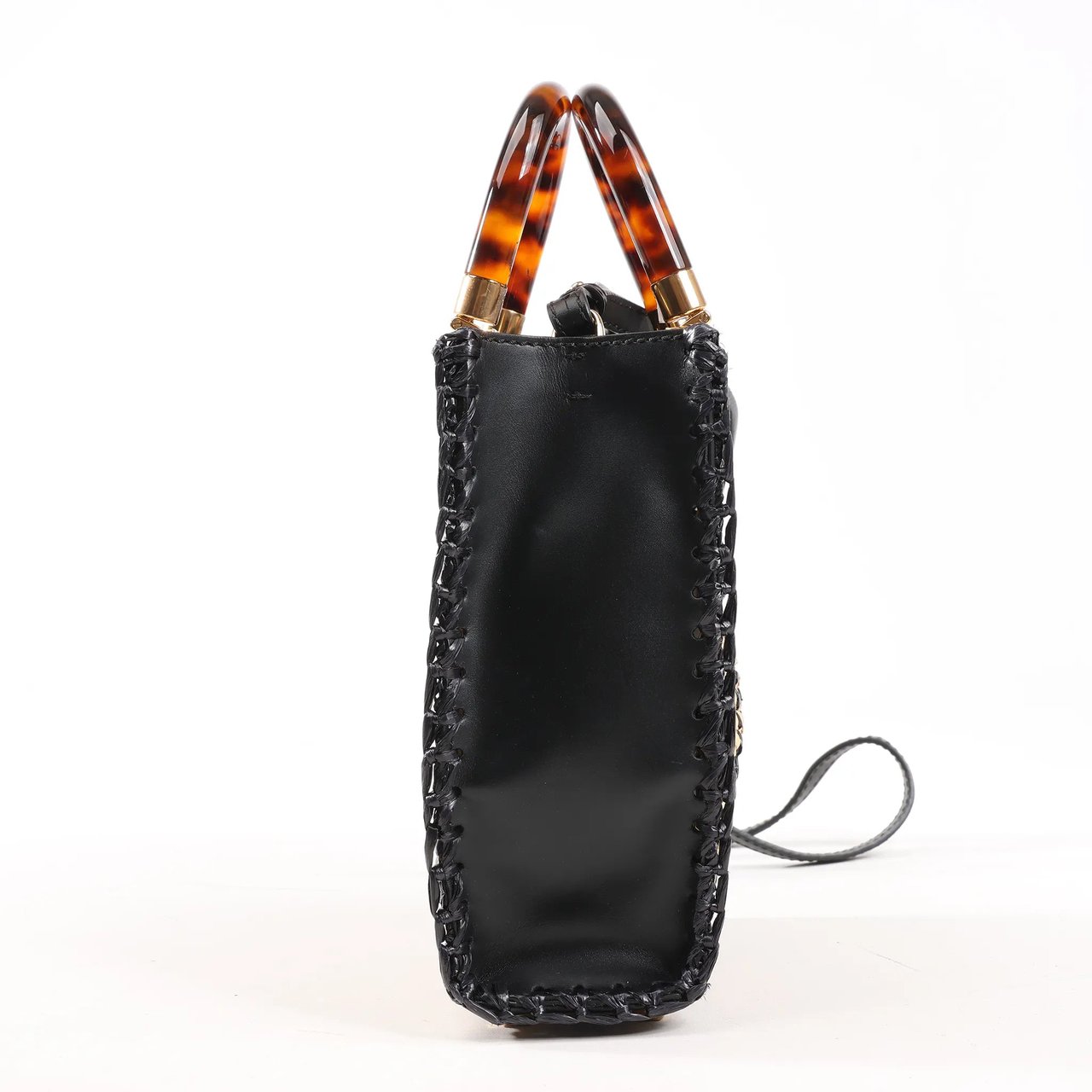 Fendi Fendi Mon Sunshine Shopper Zucchino Small Raffia x Leather 2Way Handbag in Black x Beige 8BS051 Divers