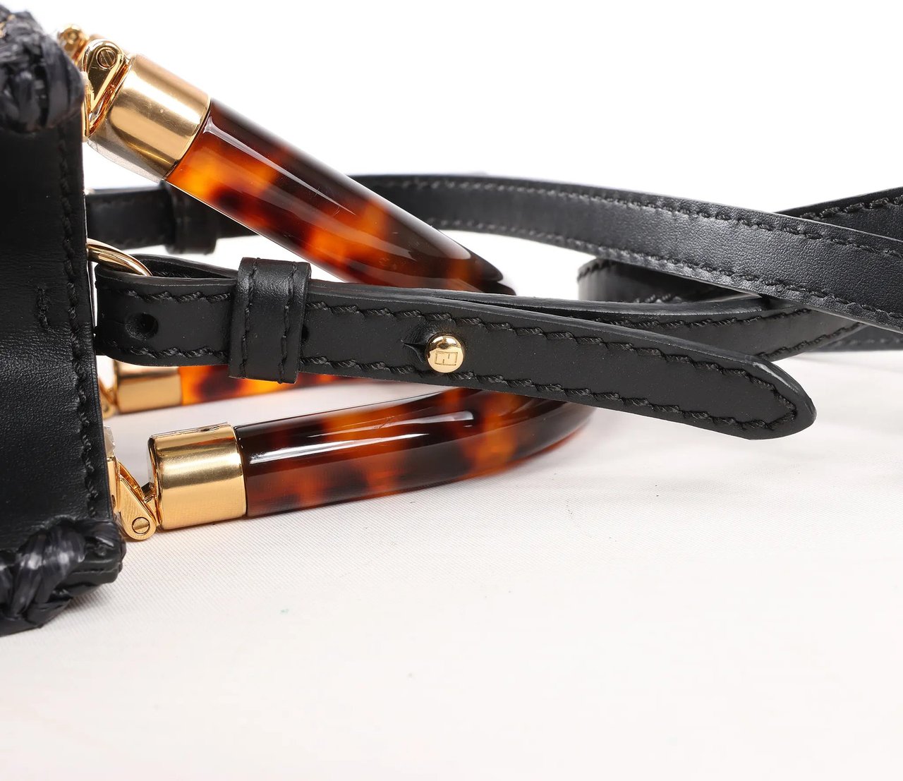 Fendi Fendi Mon Sunshine Shopper Zucchino Small Raffia x Leather 2Way Handbag in Black x Beige 8BS051 Divers