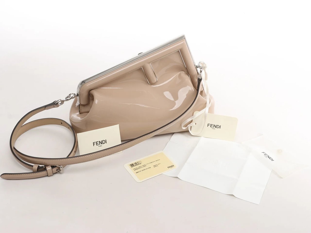 FENDI First Patent Leather Crossbody bag in Beige 8BP137 Beige