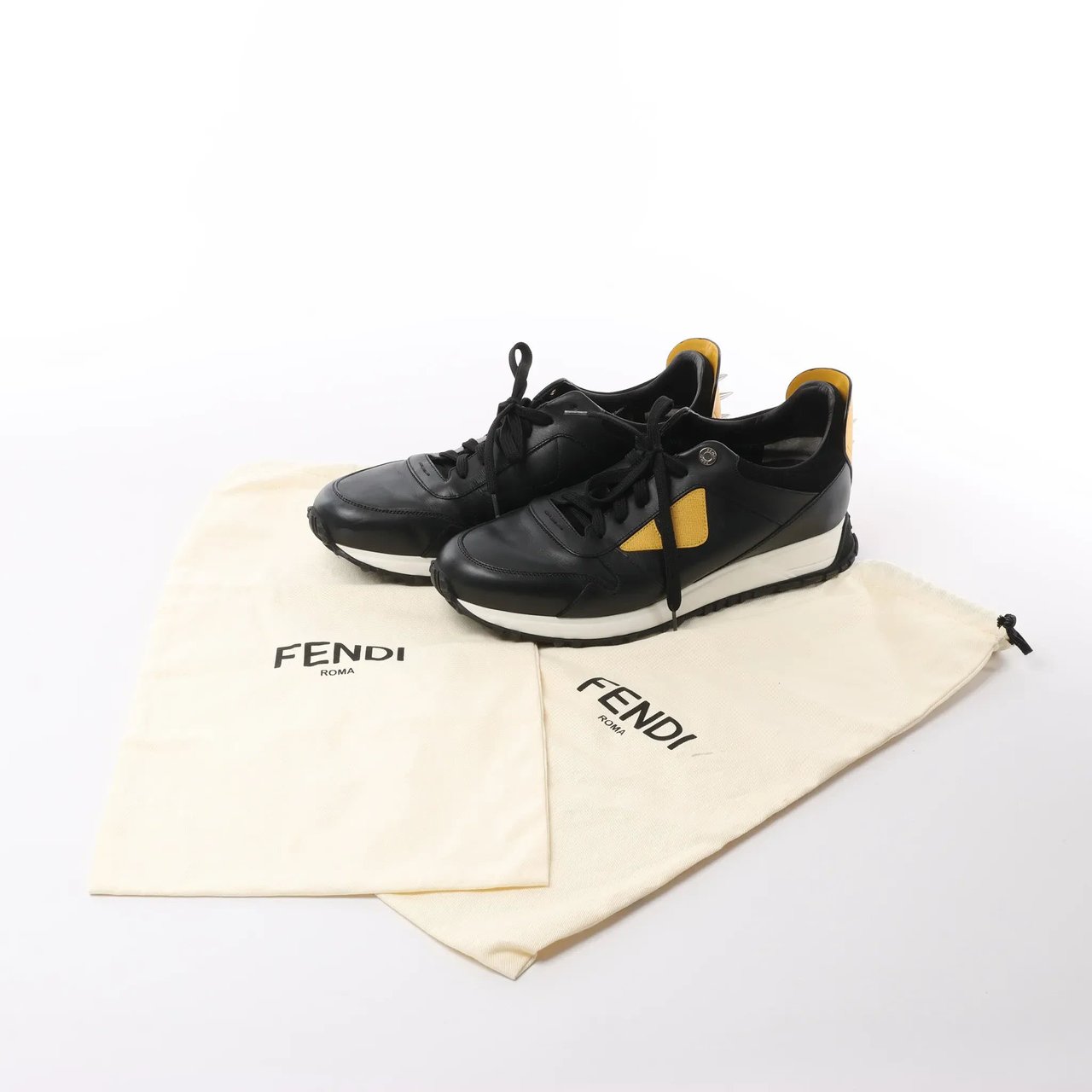 Fendi Fendi Monster Bug's Eye Studs Leather Sneakers in Black x Yellow, Size 41 EU Divers