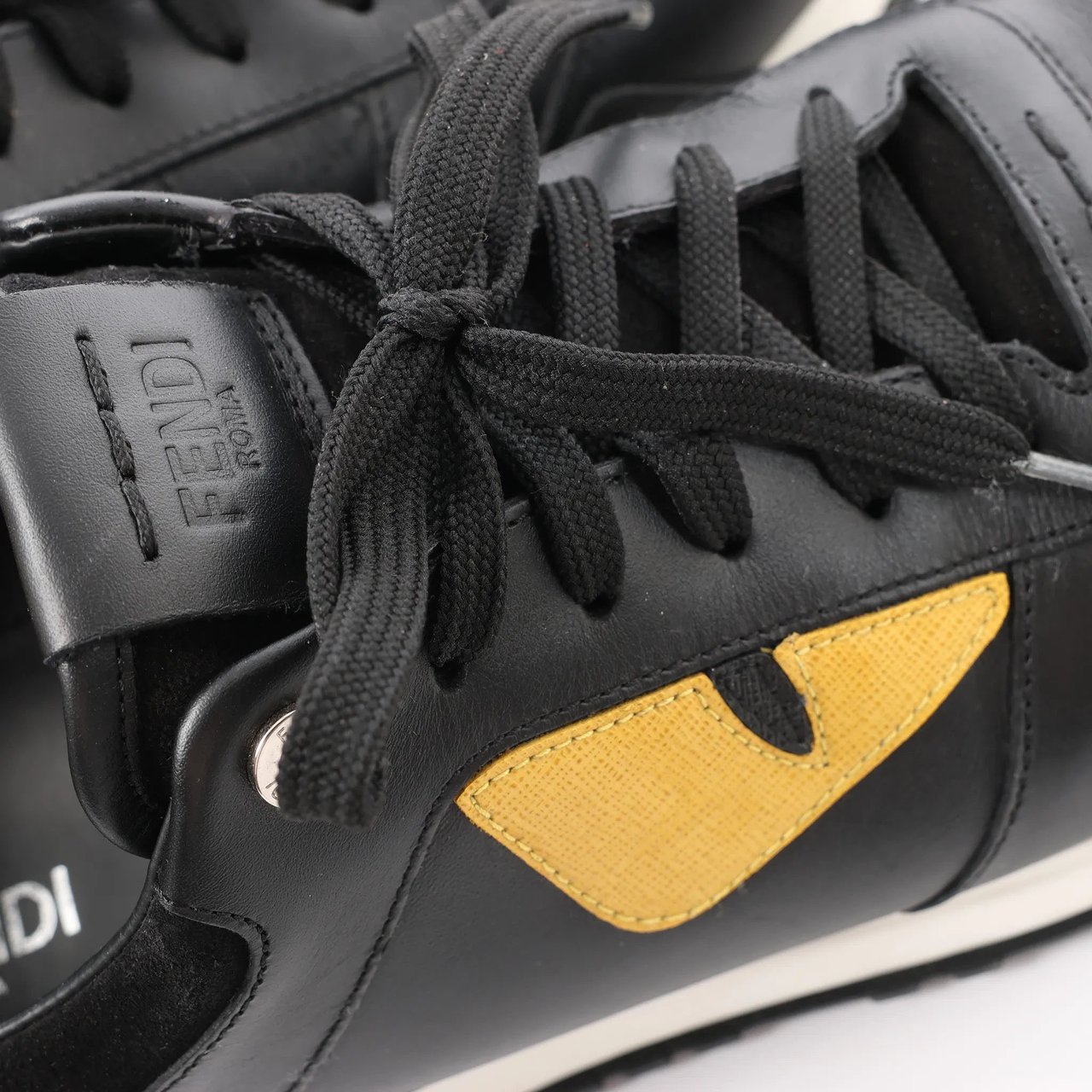 Fendi Fendi Monster Bug's Eye Studs Leather Sneakers in Black x Yellow, Size 41 EU Divers