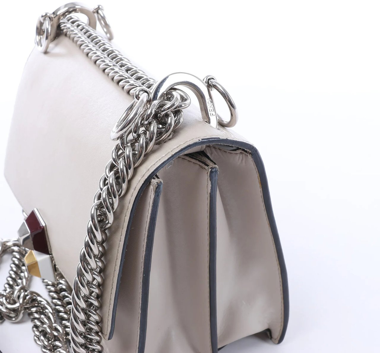 FENDI Kan I Mini Leather Chain Crossbody Bag in Gray 8M0381 Wit