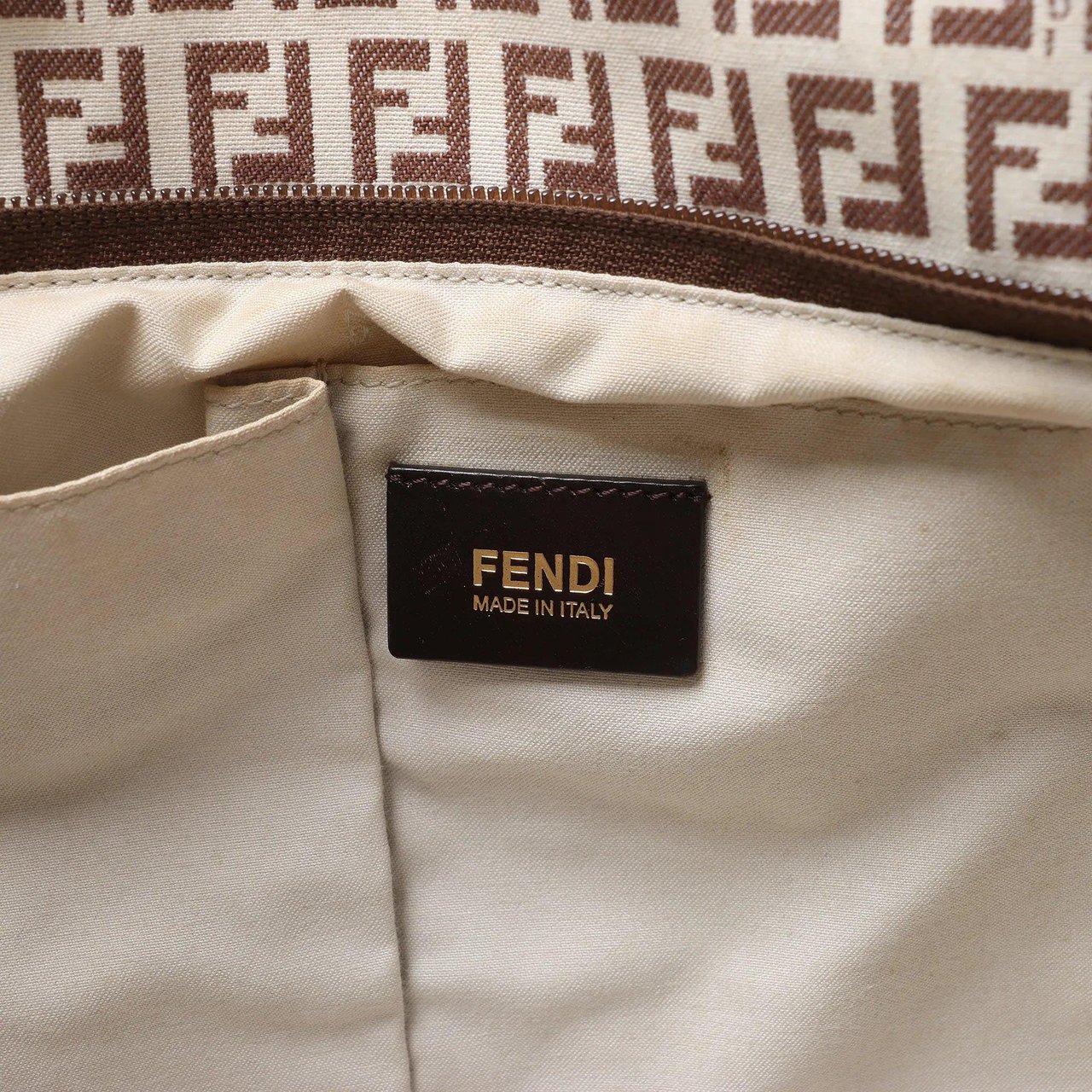 FENDI Zucchino Canvas & Leather Shoulder Bag in Beige 8BH215 Beige