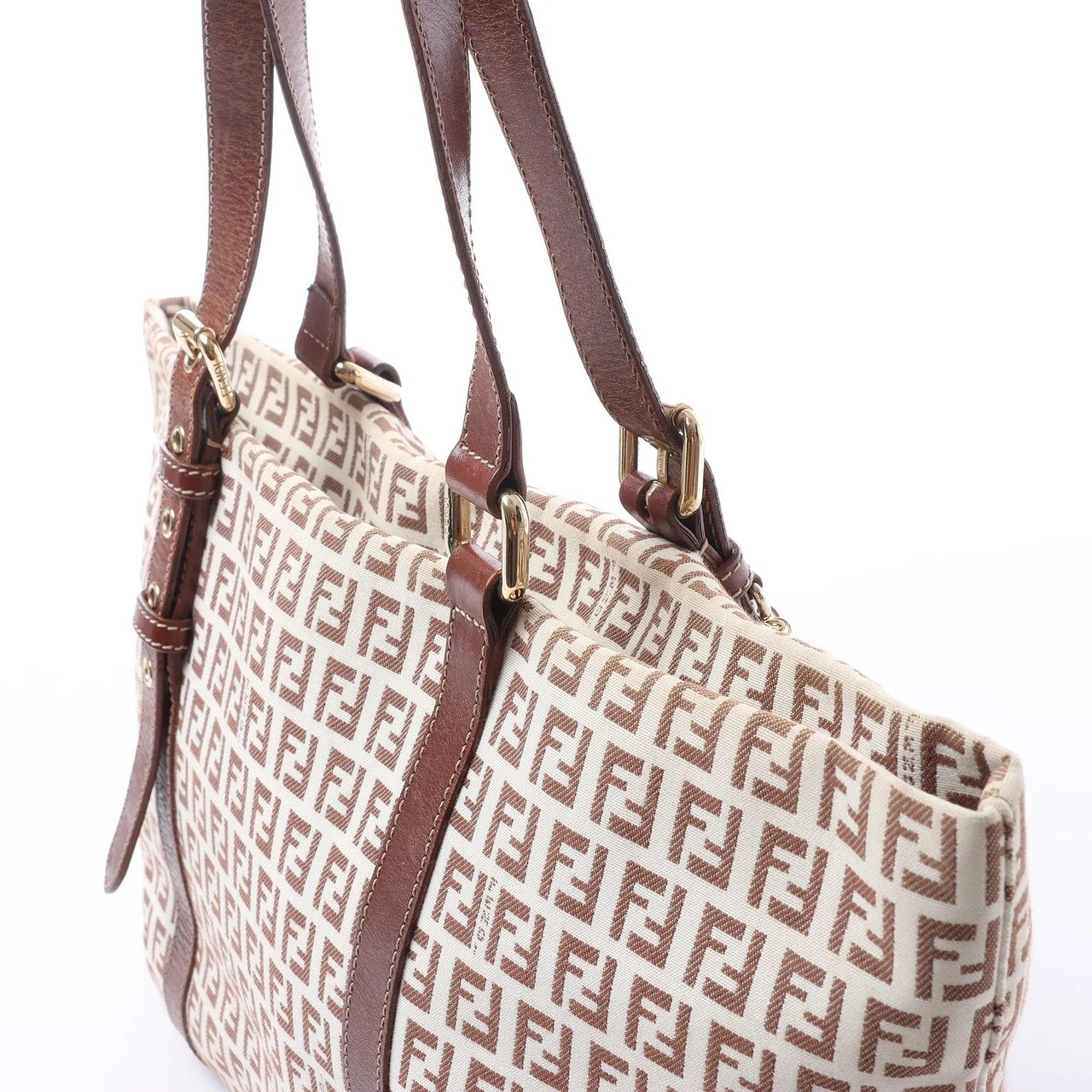 FENDI Zucchino Canvas & Leather Shoulder Bag in Beige 8BH215 Beige