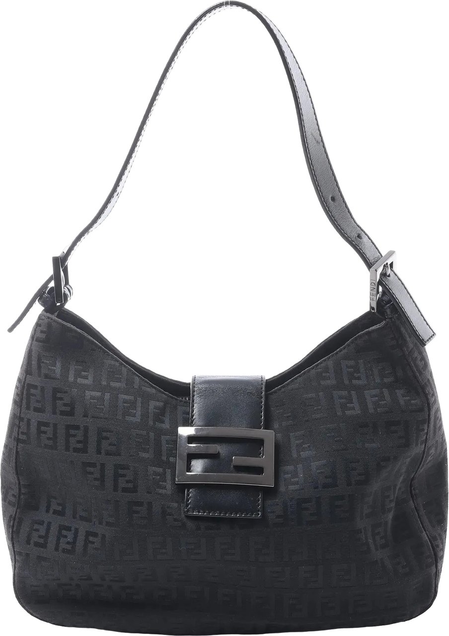FENDI Mamma Baguette Zucchino Canvas & Leather Shoulder bag in Black 8BR036 Zwart