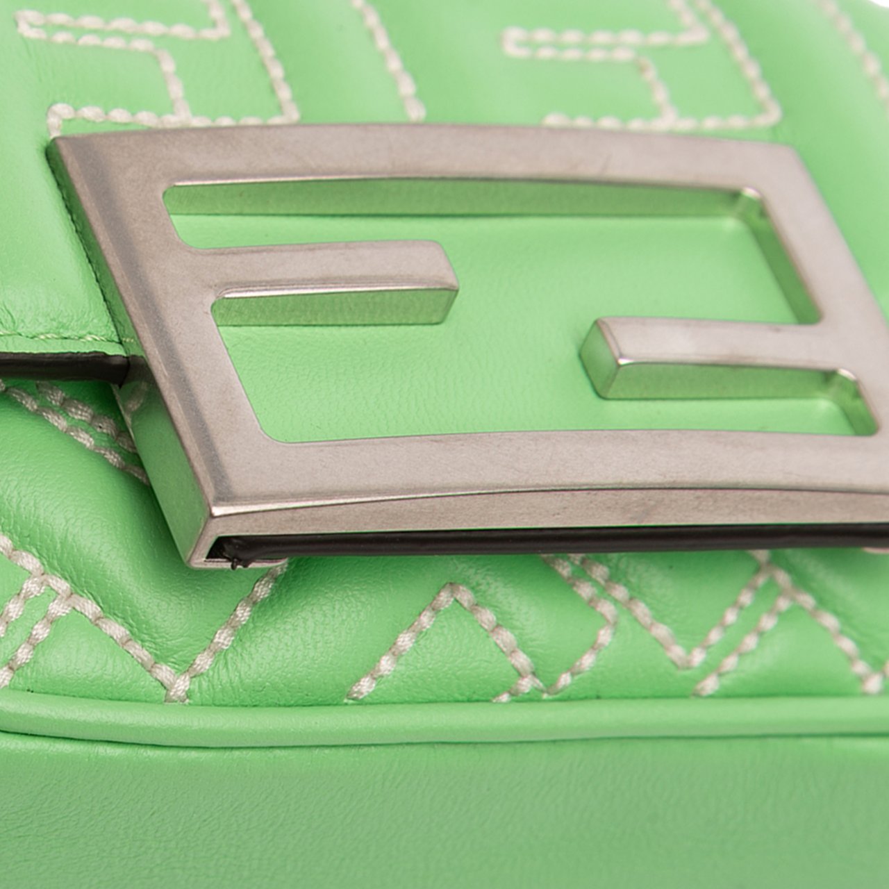 Fendi Nano Zucca Embossed Leather Baguette Charm Groen