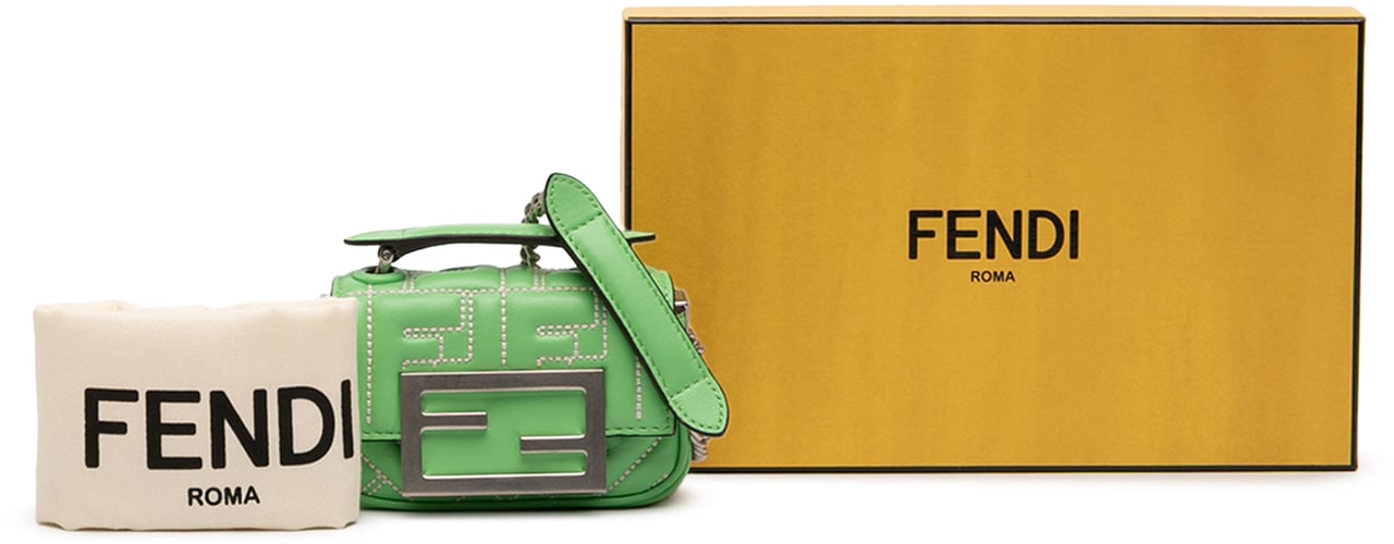 Fendi Nano Zucca Embossed Leather Baguette Charm Groen