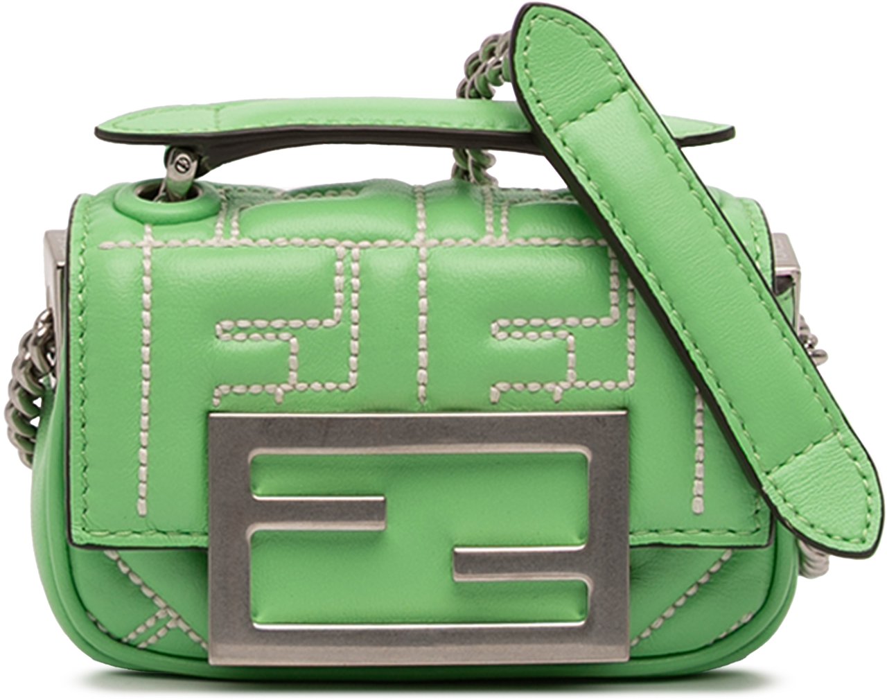 Fendi Nano Zucca Embossed Leather Baguette Charm Groen