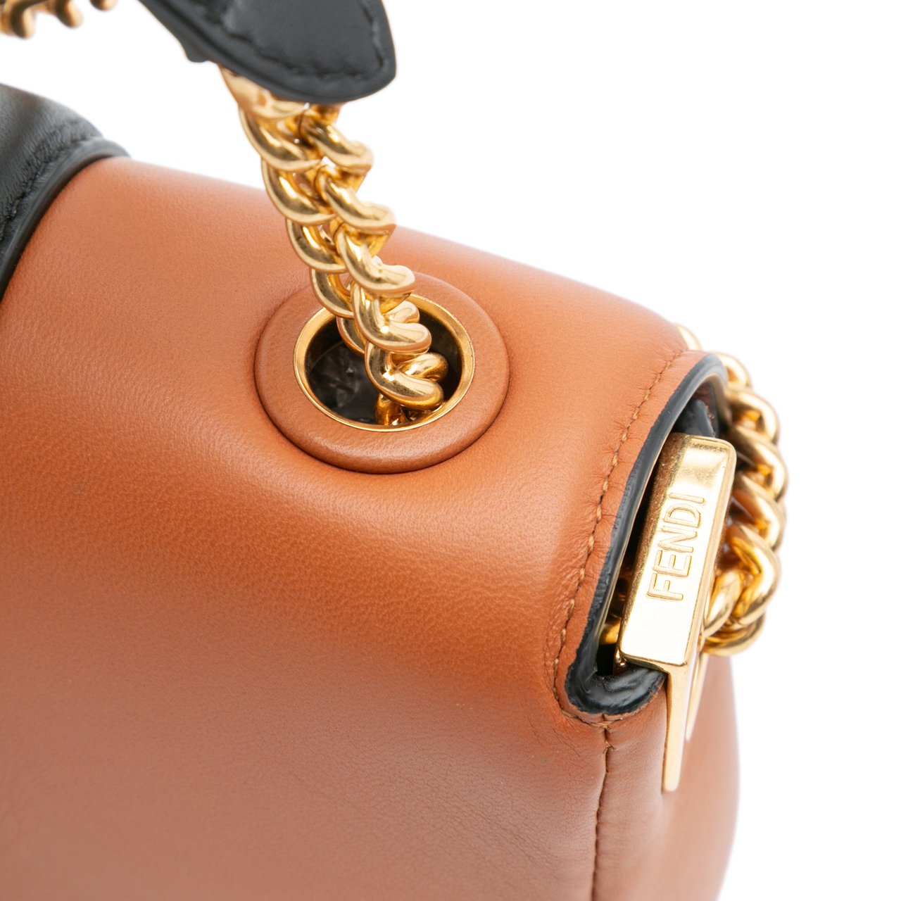 Fendi Mini Bicolor Nappa Apolo Chain Baguette Shoulder Bag Bruin