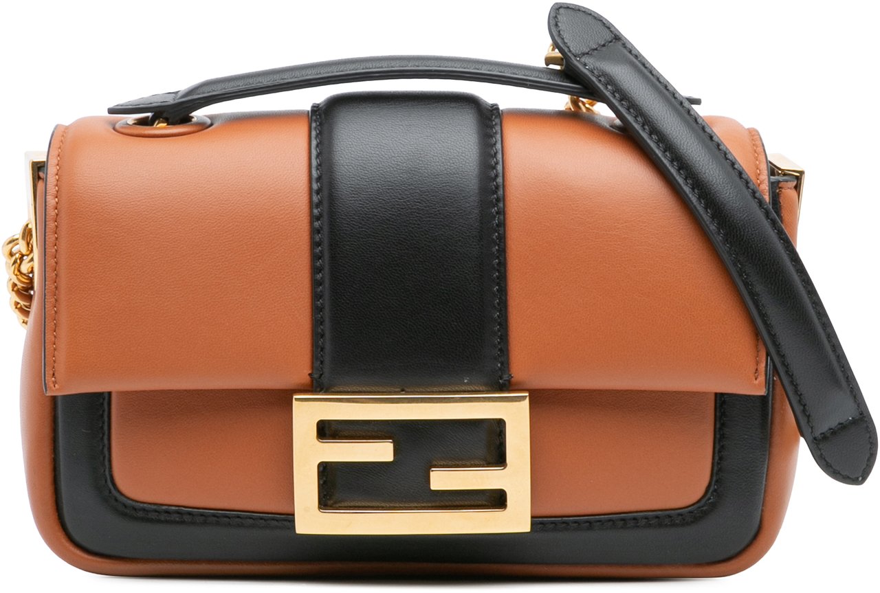 Fendi Mini Bicolor Nappa Apolo Chain Baguette Shoulder Bag Bruin