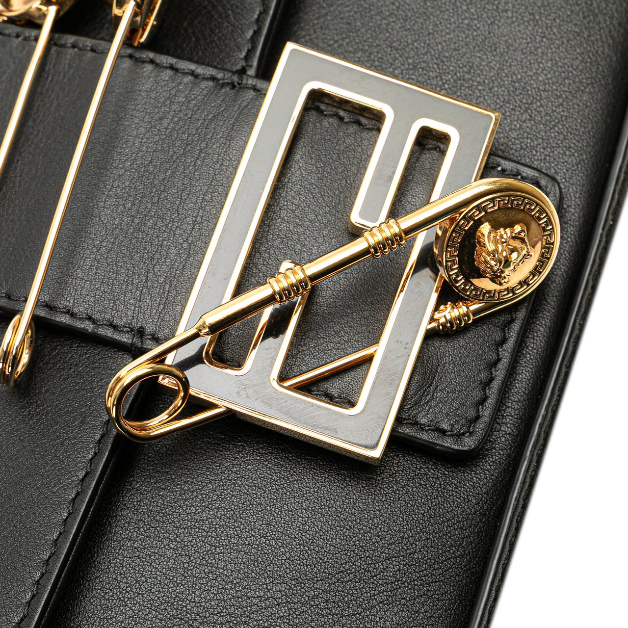 Fendi Versace Vitello Seta Fendace Mini Brooch Baguette Satchel Zwart