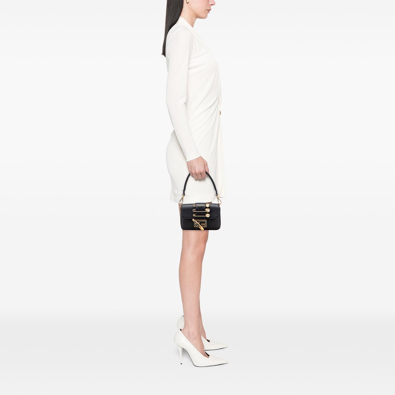 Fendi Versace Vitello Seta Fendace Mini Brooch Baguette Satchel Zwart