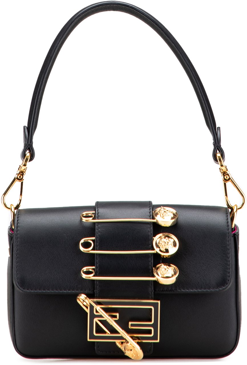 Fendi Versace Vitello Seta Fendace Mini Brooch Baguette Satchel Zwart