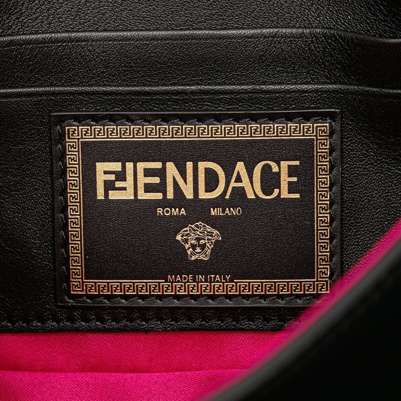 Fendi Versace Vitello Seta Fendace Mini Brooch Baguette Satchel Zwart