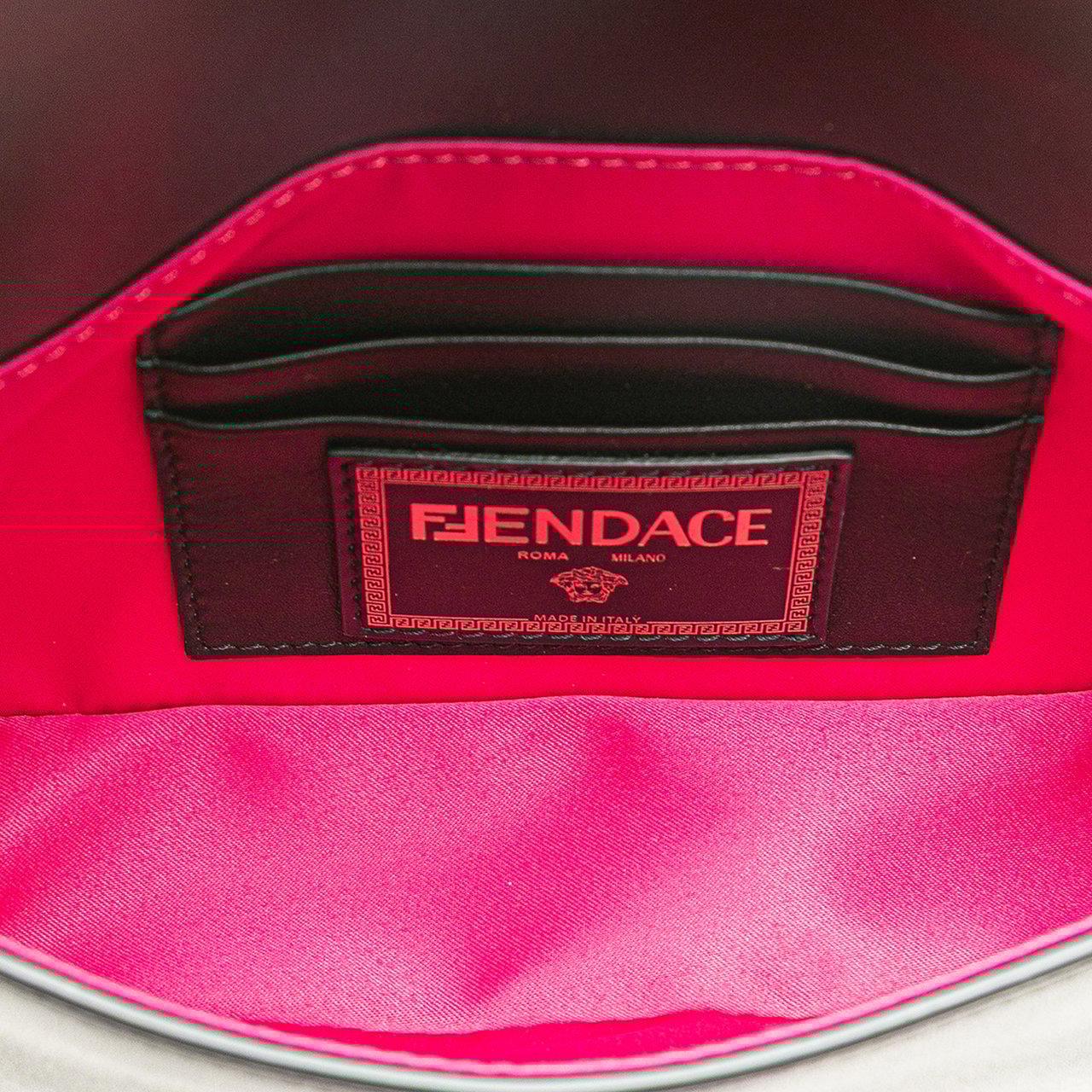 Fendi Versace Vitello Seta Fendace Mini Brooch Baguette Satchel Zwart