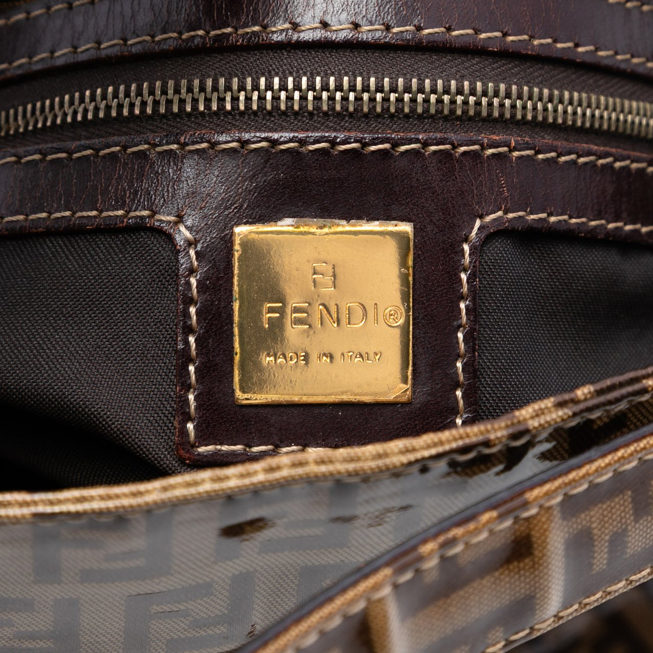 Fendi Zucchino Crystal Double Flap Shoulder Bag Bruin