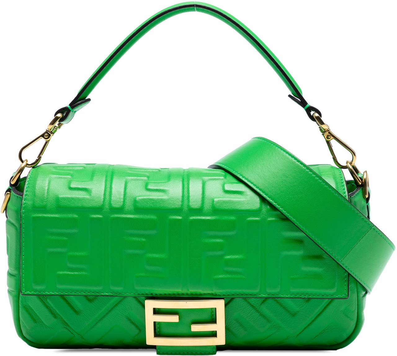 Fendi Zucca Embossed Leather Baguette Satchel Groen