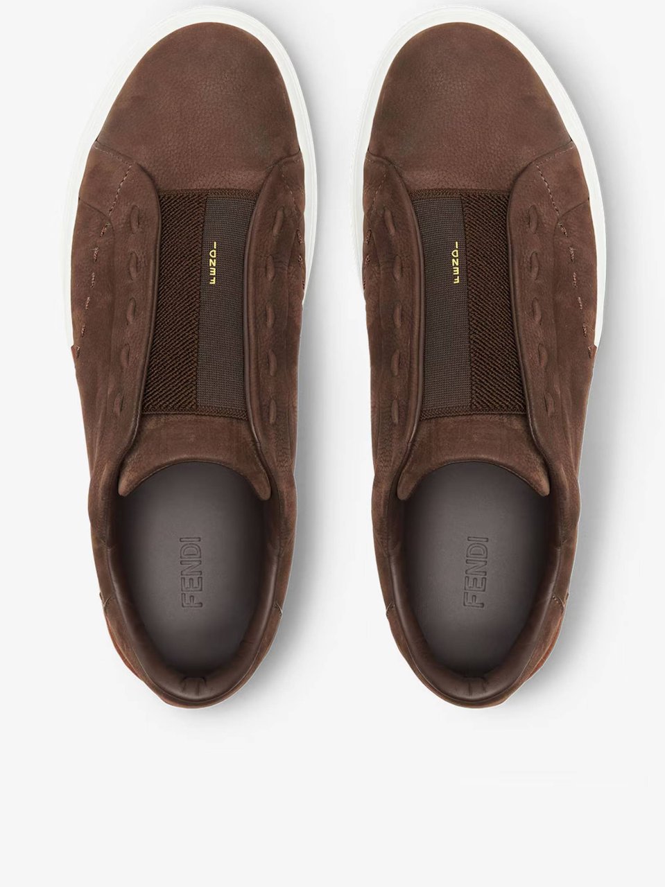 Fendi Low-Top Brown Leather Slip-On Sneaker with Contrasting Tan Accents Bruin