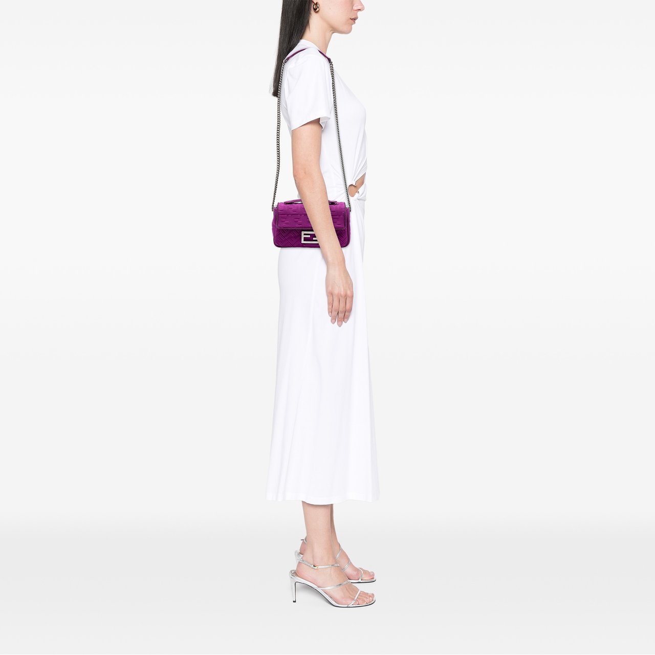 Fendi Zucca Embossed Technical Fabric Chain Midi Baguette Paars