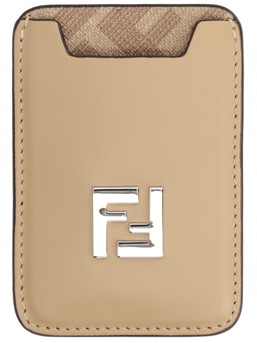 Fendi Beige Leather Textured Top Card Holder Neutraal