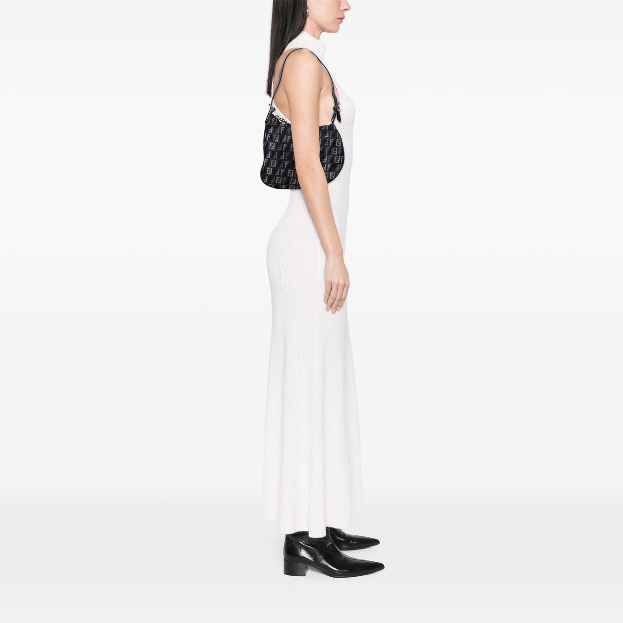 Fendi Zucchino Denim Oyster Shoulder Bag Zwart