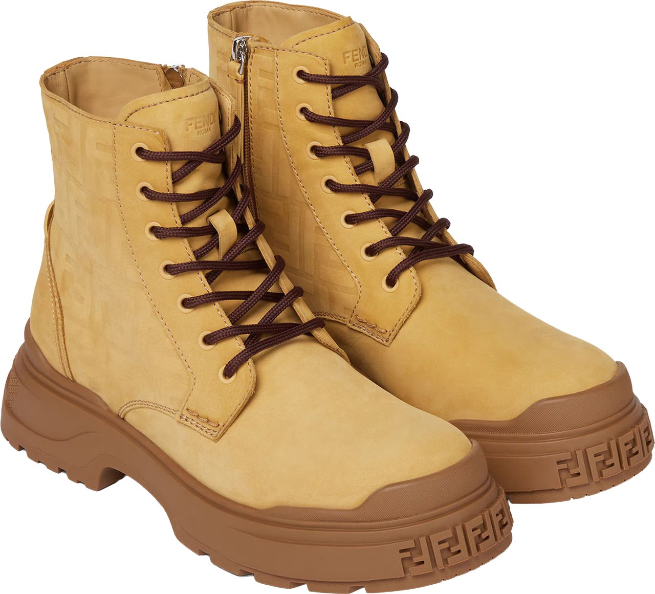 Fendi High-Top Nubuck Leather Embossed Pattern Boots Bruin