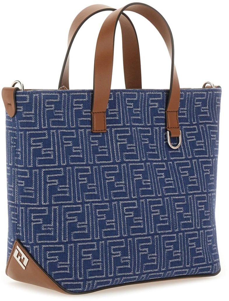 Fendi Structured Cotton Ff Shopping Bag With Leather Accents Blauw