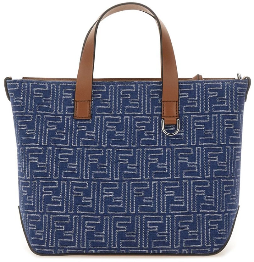 Fendi Structured Cotton Ff Shopping Bag With Leather Accents Blauw