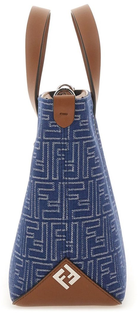 Fendi Structured Cotton Ff Shopping Bag With Leather Accents Blauw
