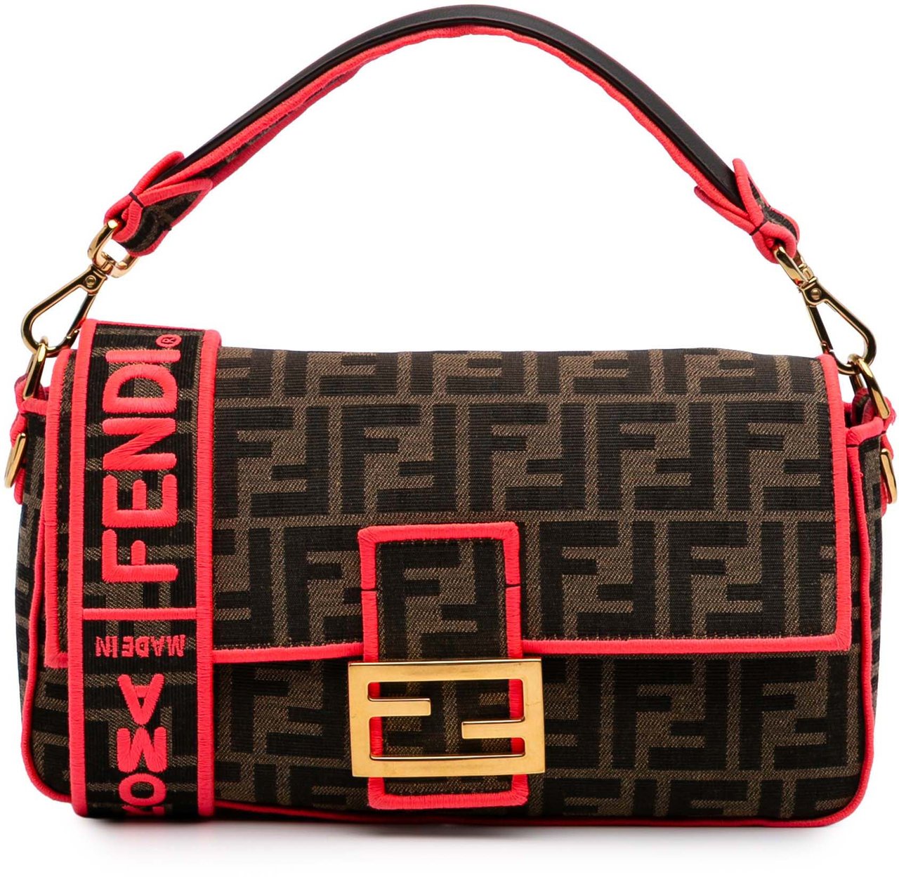 Fendi Medium Zucca Canvas Fluo Trim Baguette Satchel Bruin