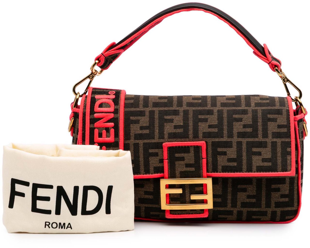 Fendi Medium Zucca Canvas Fluo Trim Baguette Satchel Bruin