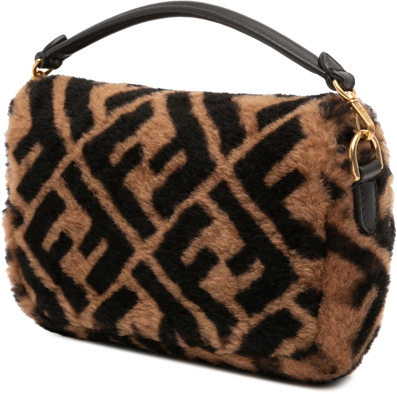 Fendi Mini Zucca Shearling Chain Baguette Satchel Bruin