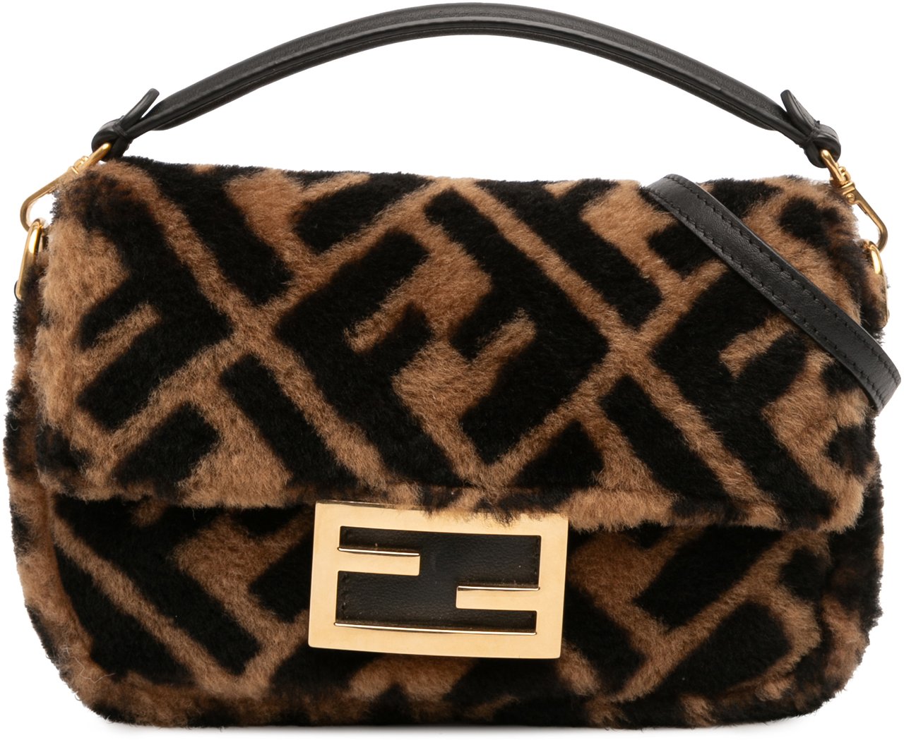 Fendi Mini Zucca Shearling Chain Baguette Satchel Bruin