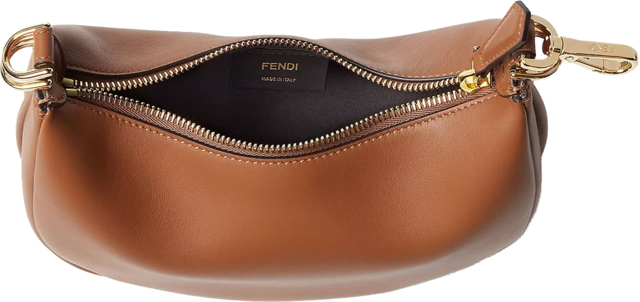 Fendi Crescent-Shaped Leather Handbag with Polished Finish and Bold Letter Embellishments Bruin