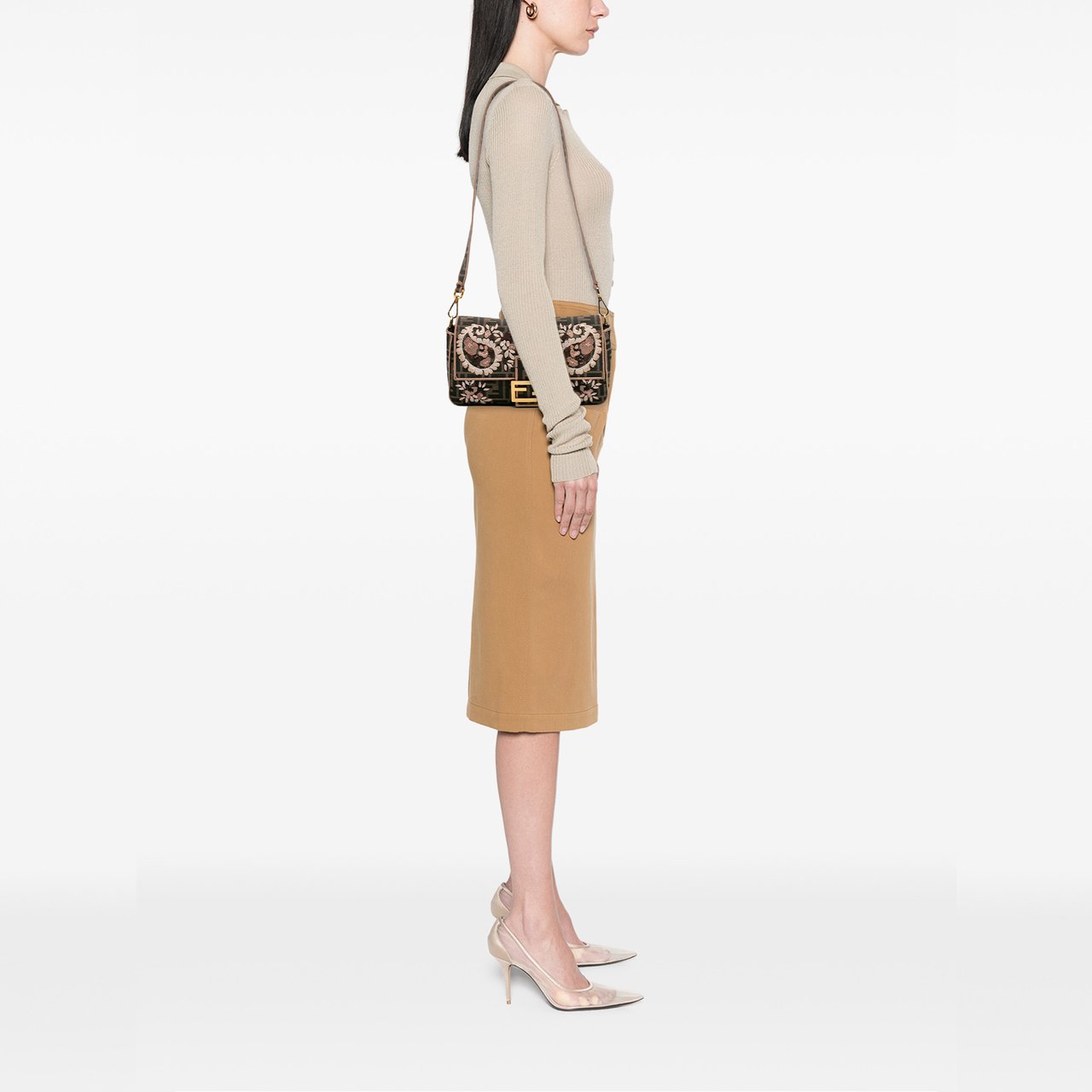 Fendi Zucca Canvas Paisley Embroidery Baguette Satchel Bruin