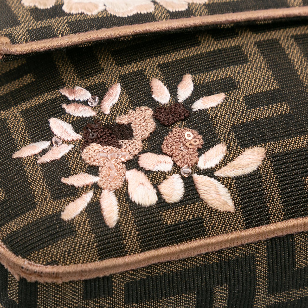 Fendi Zucca Canvas Paisley Embroidery Baguette Satchel Bruin